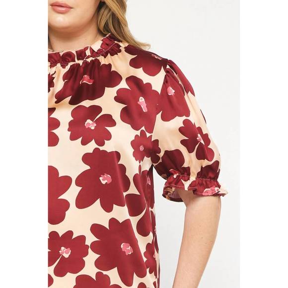 NEW ENTRO floral print mock neck top in burgundy - Picture 3 of 3